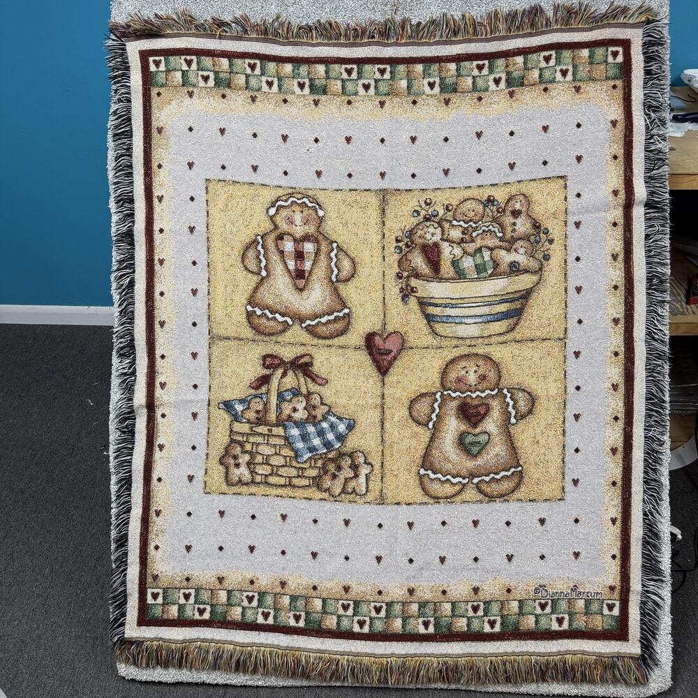 Vintage Dianna Marcum Gingerbread Throw Blanket 57x48 Primitive Country Folk Art